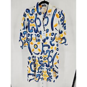 Terra Blu Womens Sz M Knee Length Linen Dress Bright Blue Yellow Print NEW